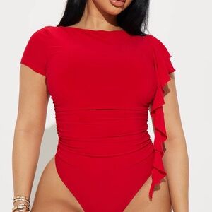 Fashion Nova Red Ruffle One-Piece Bodysuit